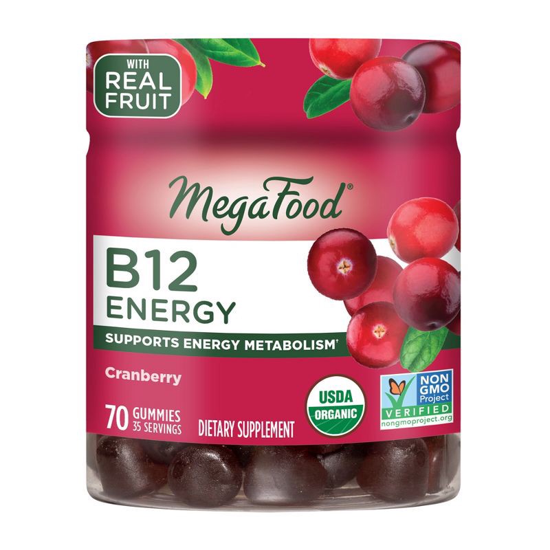 slide 1 of 5, MegaFood Vitamin B12 Energy, Vitamin B, Organic, Vegan Gummies - Cranberry - 70ct, 70 ct