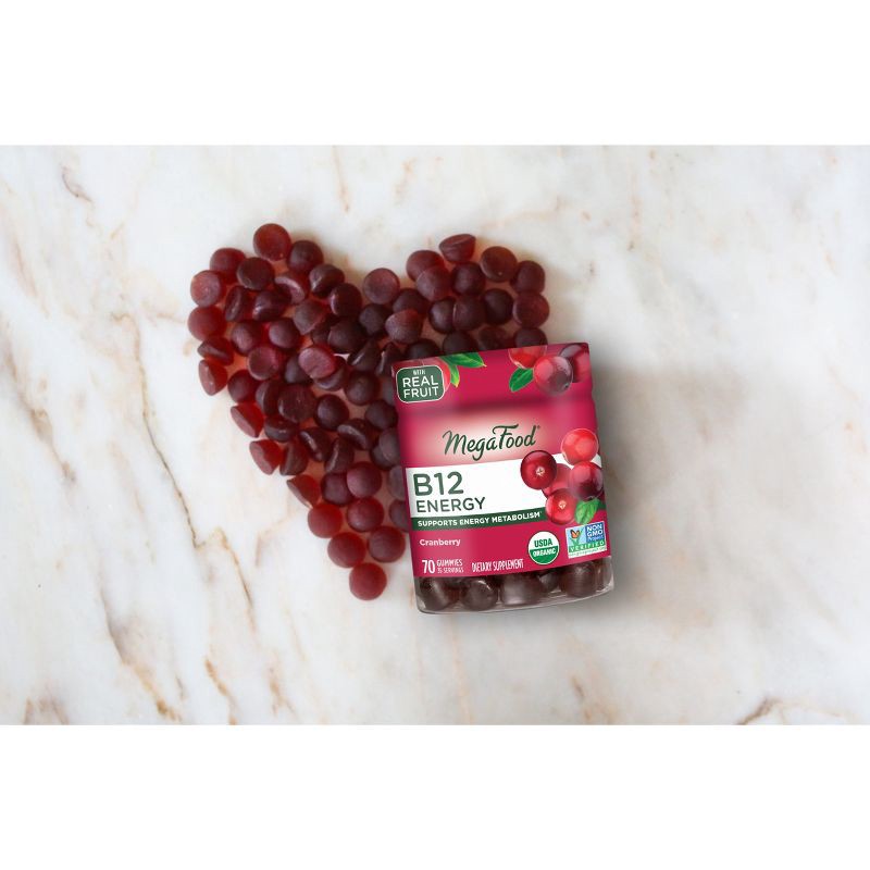 slide 5 of 5, MegaFood Vitamin B12 Energy, Vitamin B, Organic, Vegan Gummies - Cranberry - 70ct, 70 ct