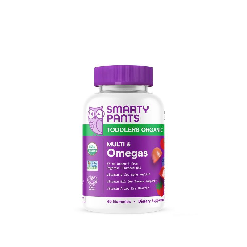 slide 2 of 10, SmartyPants Organic Toddler Multi & Vegetarian Omega 3 Gummy Vitamins with D3, C & B12 - 45 ct, 12 x 45 ct