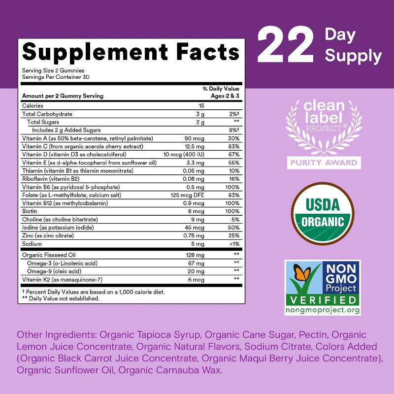 slide 4 of 10, SmartyPants Organic Toddler Multi & Vegetarian Omega 3 Gummy Vitamins with D3, C & B12 - 45 ct, 12 x 45 ct