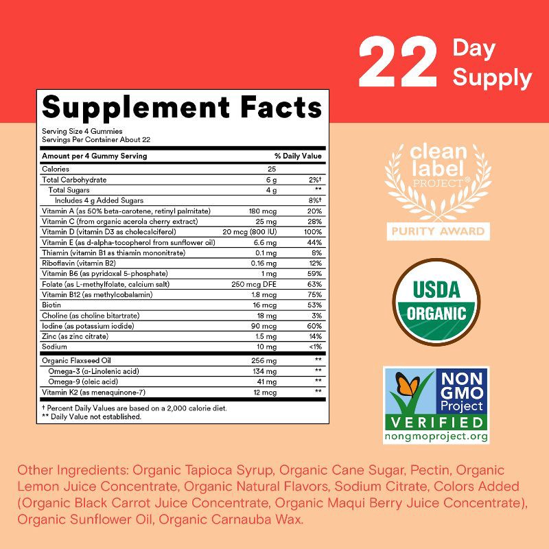 slide 4 of 12, SmartyPants Organic Kids Multi & Vegetarian Omega 3 Gummy Vitamins with D3, C & B12 - 90 ct, 12 x 90 ct