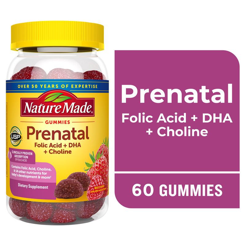 slide 3 of 7, Nature Made Prenatal Gummies, DHA, Folic Acid, Choline, Prenatal Vitamins + Minerals Supplement - 60ct, 60 ct