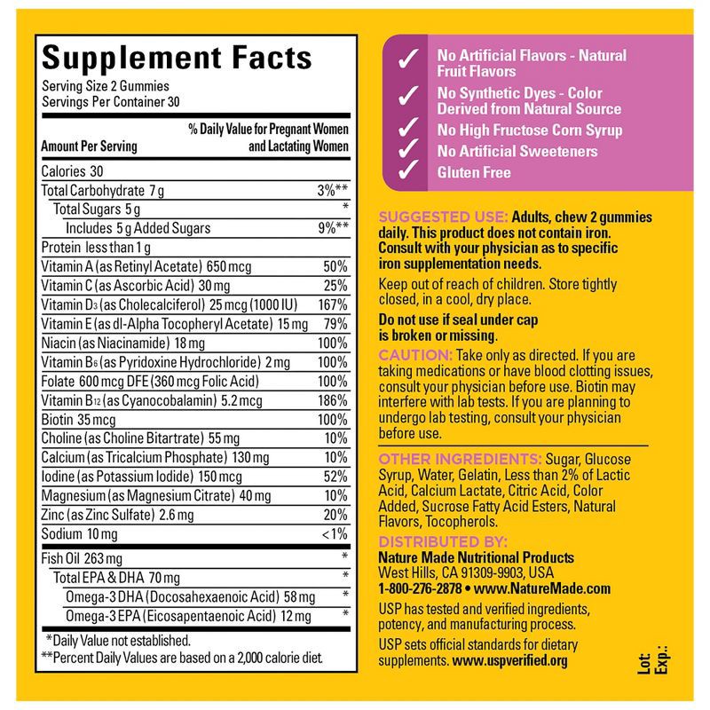 slide 3 of 7, Nature Made Prenatal Gummies, DHA, Folic Acid, Choline, Prenatal Vitamins + Minerals Supplement - 60ct, 60 ct