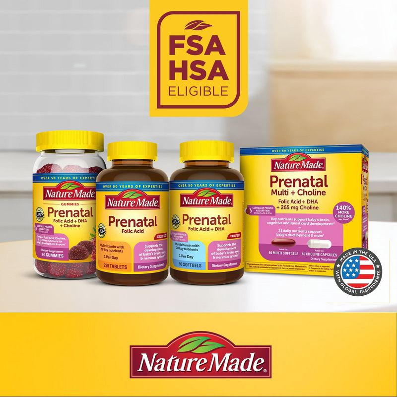 slide 6 of 7, Nature Made Prenatal Gummies, DHA, Folic Acid, Choline, Prenatal Vitamins + Minerals Supplement - 60ct, 60 ct