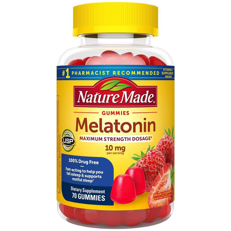 slide 2 of 5, Nature Made Melatonin Maximum Strength 100% Drug Free Sleep Aid for Adults 10mg per serving Gummies - 70ct, 70 ct; 10 mg