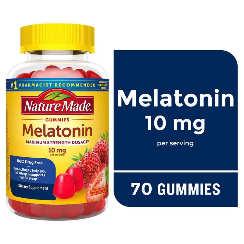 slide 3 of 9, Nature Made Melatonin Maximum Strength 100% Drug Free Sleep Aid for Adults 10mg per serving Gummies - 70ct, 70 ct; 10 mg