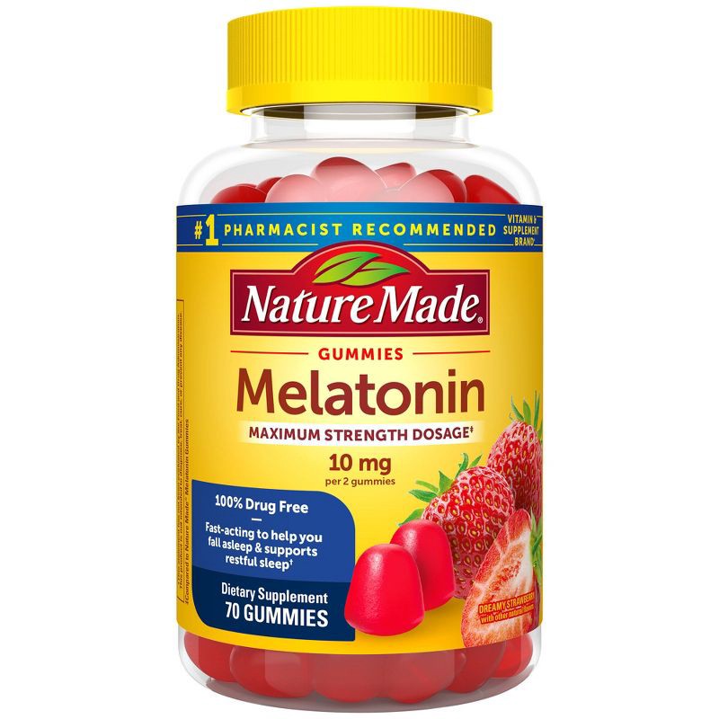 slide 1 of 9, Nature Made Melatonin Maximum Strength 100% Drug Free Sleep Aid for Adults 10mg per serving Gummies - 70ct, 70 ct; 10 mg