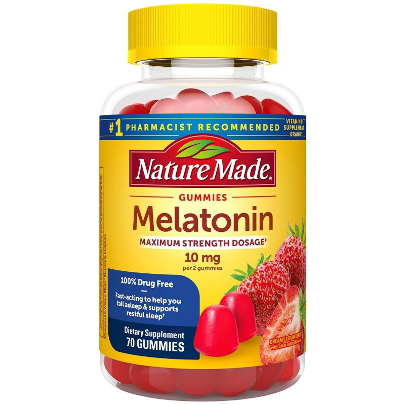 slide 1 of 9, Nature Made Melatonin Maximum Strength 100% Drug Free Sleep Aid for Adults 10mg per serving Gummies - 70ct, 70 ct; 10 mg