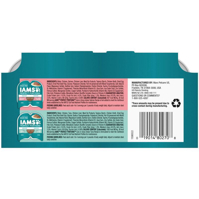 slide 2 of 11, IAMS Perfect Portions Grain Free Indoor Cuts In Gravy Salmon & Tuna Recipes Premium Adult Wet Cat Food - 2.6oz/12ct Variety Pack, 2.6 oz, 12 ct