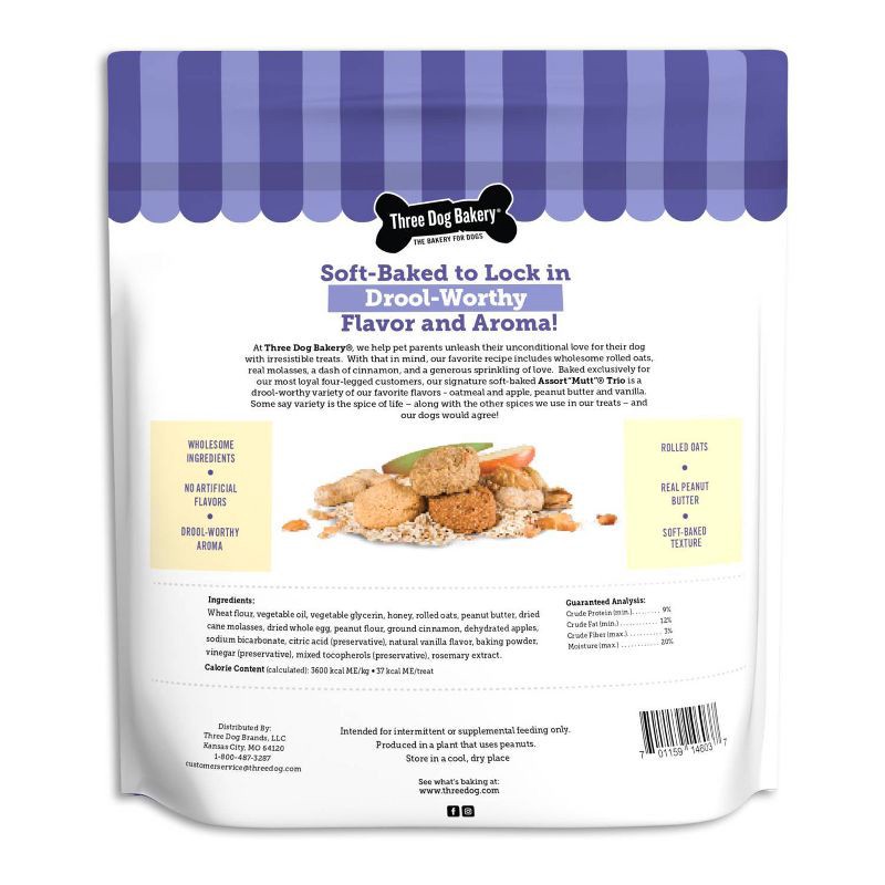 slide 4 of 6, Three Dog Bakery Assorted "Mutt" Trio Chewy with Peanut Butter, Carob and Vanilla Flavor Dog Treats - 26oz, 26 oz