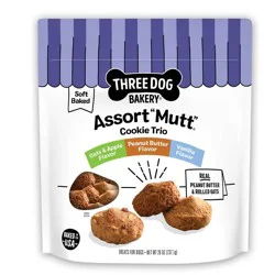 Three Dog Bakery Assorted "Mutt" Trio Chewy with Peanut Butter, Carob and Vanilla Flavor Dog Treats - 26oz