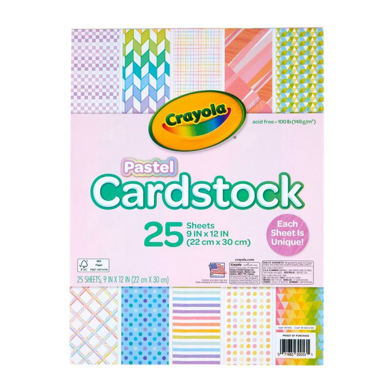 slide 1 of 5, Crayola 25 Page Pastel Cardstock with Assorted Patterns: Multicolor Craft Paper, 9x12 Inches, Uncoated, 25 Sheets, 1 ct