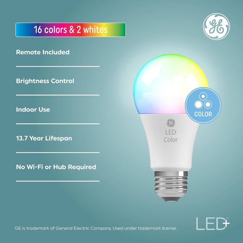 slide 2 of 10, GE Household Lighting GE LED Color Changing A19 LED Light Bulb: Multicolored, 9.5W, 800 Lumens, Energy Star Certified, E26 Base, 2700K, 13.7-Year Life, 1 ct