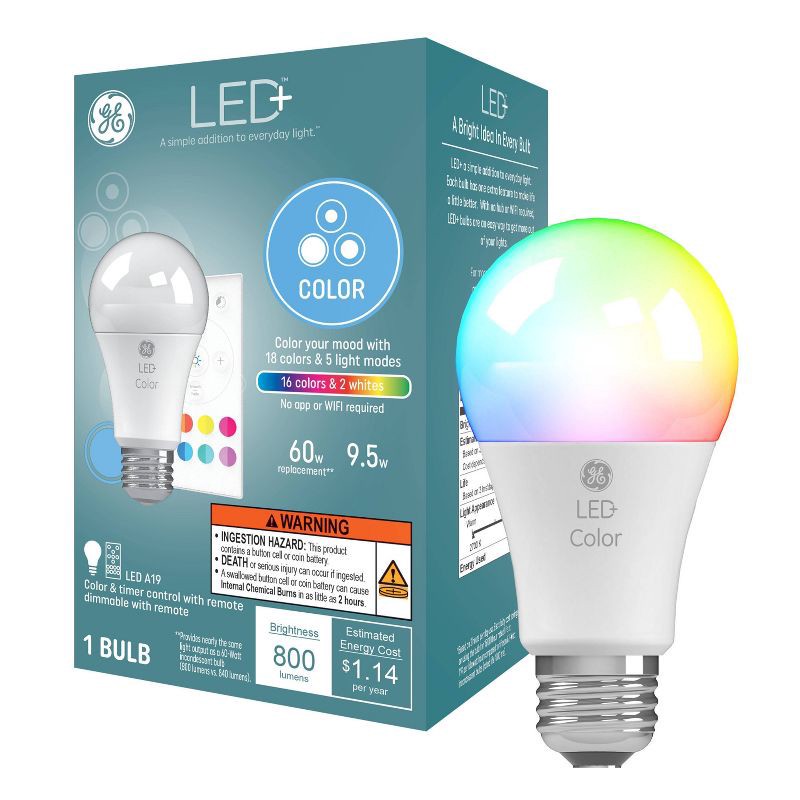 slide 1 of 10, GE Household Lighting GE LED Color Changing A19 LED Light Bulb: Multicolored, 9.5W, 800 Lumens, Energy Star Certified, E26 Base, 2700K, 13.7-Year Life, 1 ct