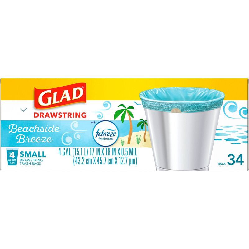 slide 8 of 8, Glad Small Kitchen Drawstring 4gal Trash Bags - Febreze Beachside Breeze - 34ct, 34 ct; 4 gal