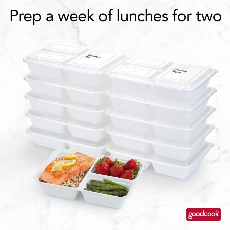 slide 7 of 13, GoodCook Meal Prep 3 Compartment Rectangle Containers + Lids - 4Cups - 20pcs/10ct - White, 20 ct, 10 ct