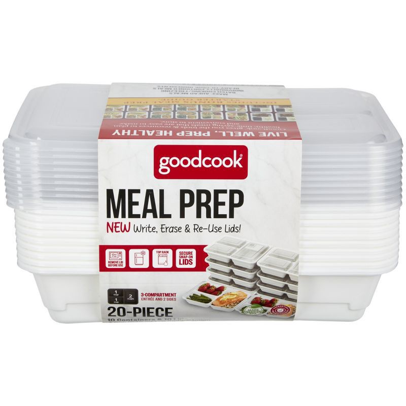 slide 1 of 13, GoodCook Meal Prep 3 Compartment Rectangle Containers + Lids - 4Cups - 20pcs/10ct - White, 20 ct, 10 ct