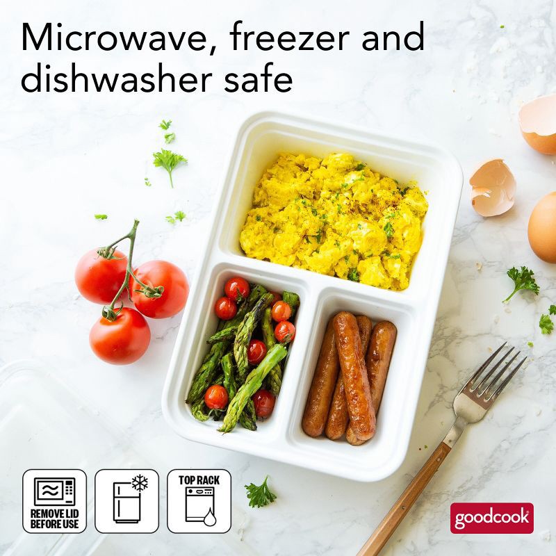 slide 11 of 13, GoodCook Meal Prep 3 Compartment Rectangle Containers + Lids - 4Cups - 20pcs/10ct - White, 20 ct, 10 ct