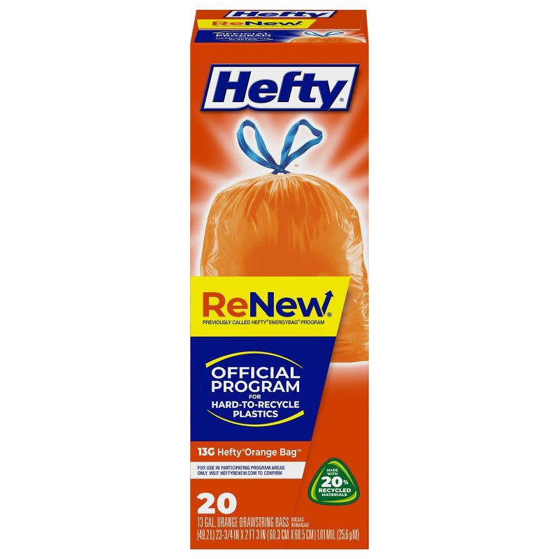 slide 1 of 6, Hefty Renew Orange Drawstring Trash Bags - 13gal/20ct, 13 gal, 20 ct