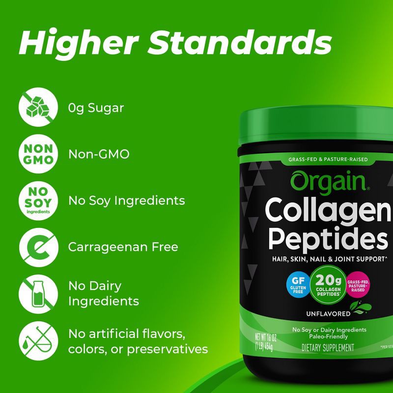 slide 6 of 7, Orgain Unflavored Collagen Peptide Powder for Hair Skin Nail and Joint Support - 16oz, 16 oz