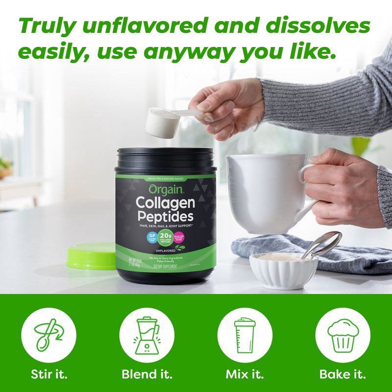 slide 7 of 7, Orgain Unflavored Collagen Peptide Powder for Hair Skin Nail and Joint Support - 16oz, 16 oz