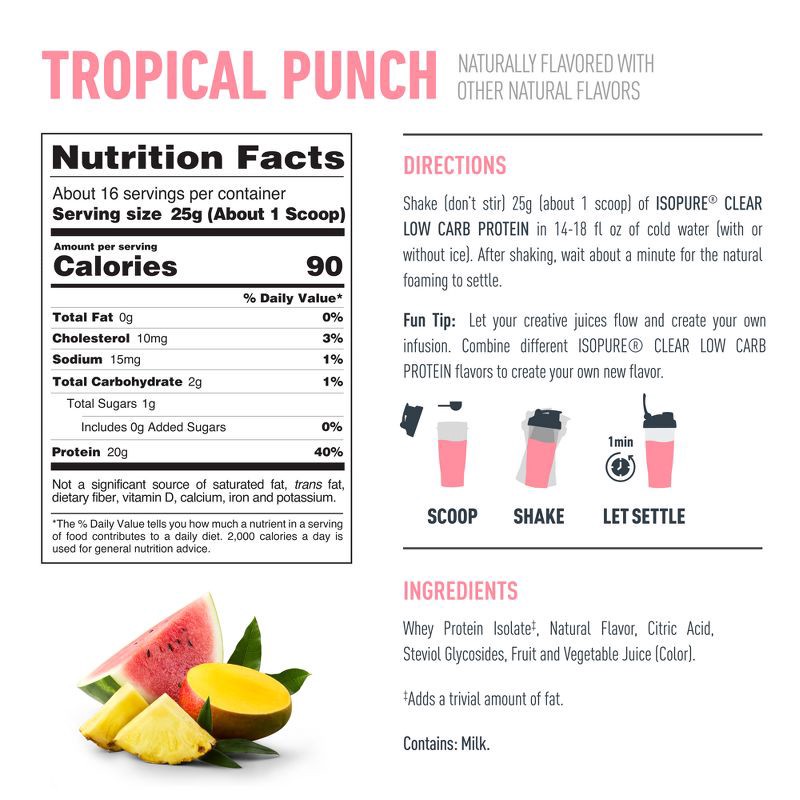 slide 9 of 9, Isopure Clear 20g Whey Isolate Protein Powder - Tropical Punch - 16 Servings - 14oz, 20 gram, 16 servings, 14 oz
