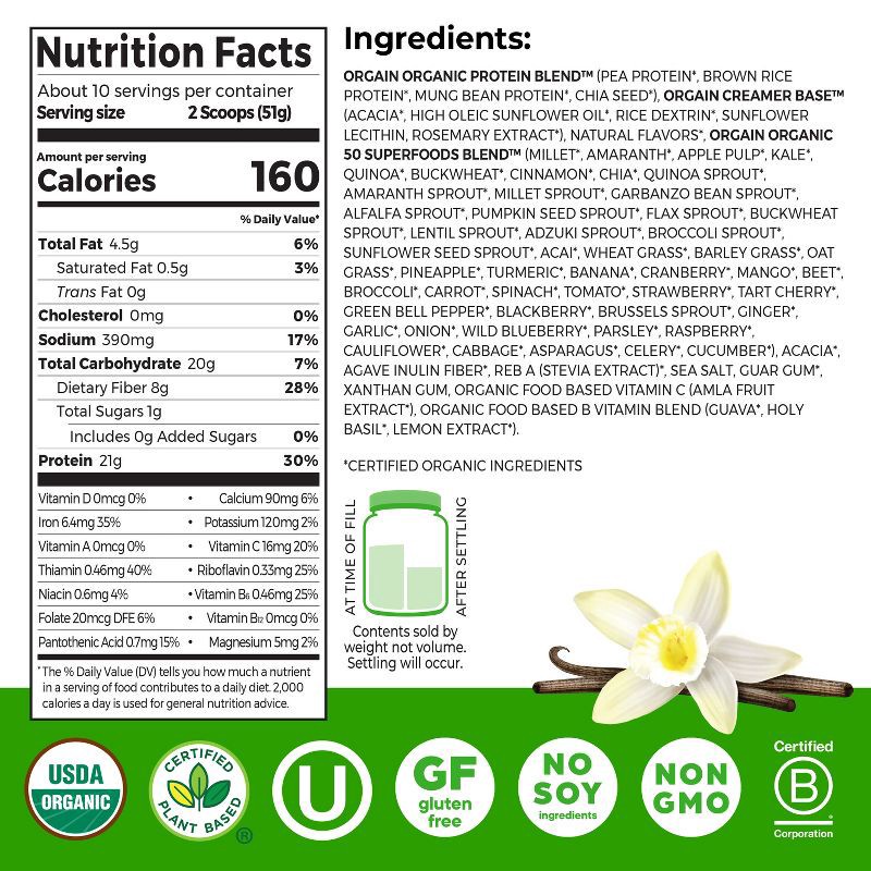 slide 3 of 9, Orgain Organic Vegan Protein & Superfoods Organic Plant Based Powder - Vanilla - 18oz, 18 oz