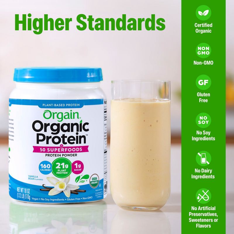 slide 5 of 9, Orgain Organic Vegan Protein & Superfoods Organic Plant Based Powder - Vanilla - 18oz, 18 oz