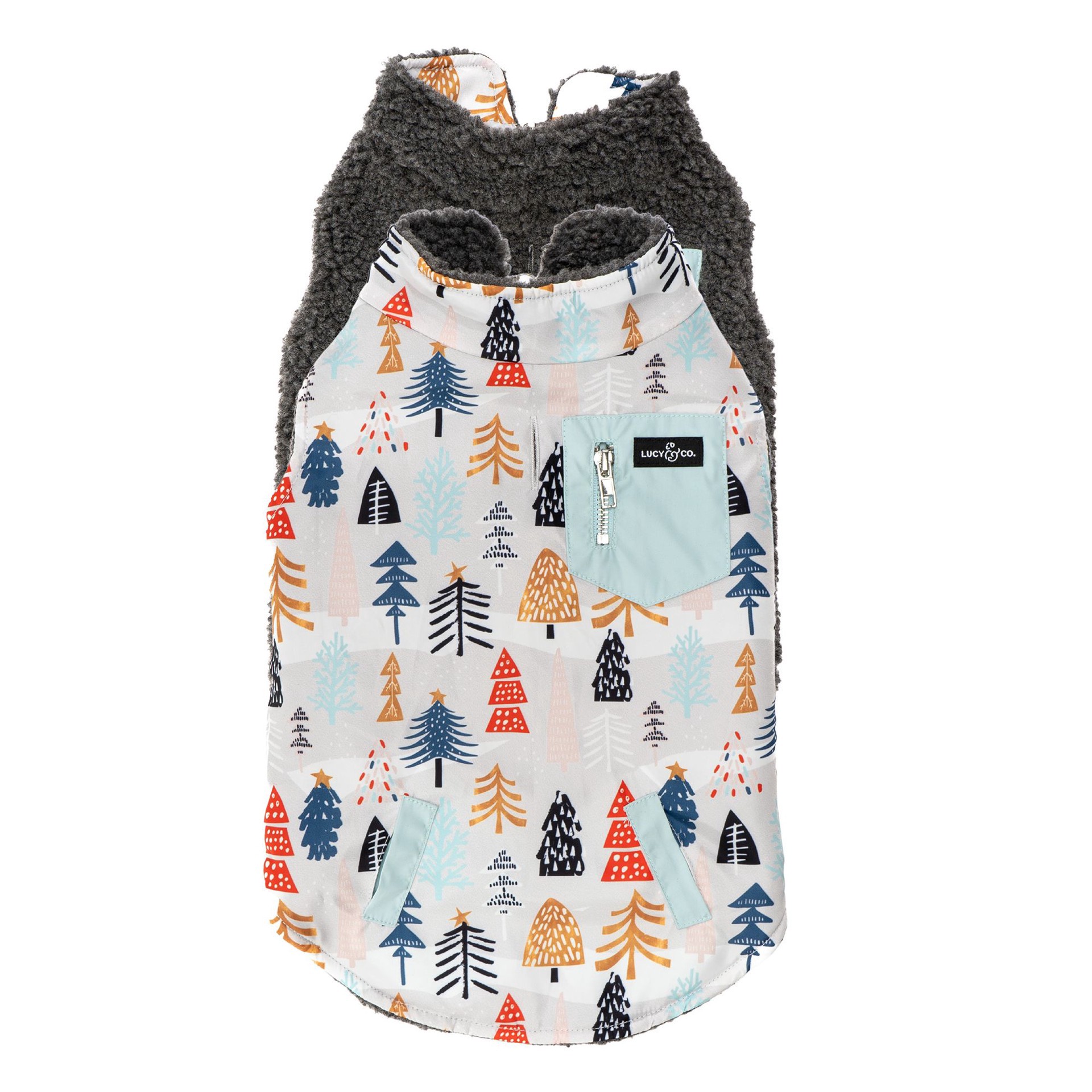 slide 1 of 1, Lucy & Co. Holiday Frosted Forest Tree Reversible Vest Dog Jacket, SM
