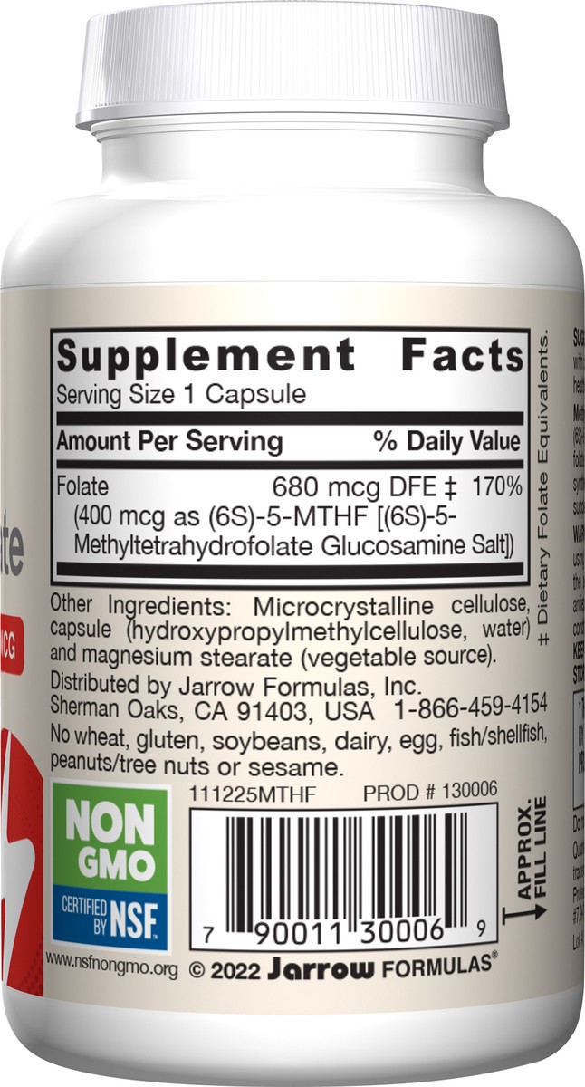 slide 7 of 10, Jarrow Formulas Methyl Folate 400 mcg Extra Strength - 60 Veggie Caps - Dietary Supplement - Highly Biologically Active Form of Folate for Energy - 4th Generation Folic Acid Technology - 60 Servings, 60 ct