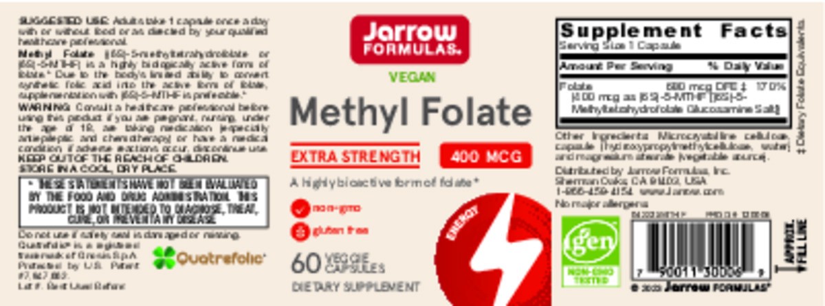 slide 10 of 10, Jarrow Formulas Methyl Folate 400 mcg Extra Strength - 60 Veggie Caps - Dietary Supplement - Highly Biologically Active Form of Folate for Energy - 4th Generation Folic Acid Technology - 60 Servings, 60 ct