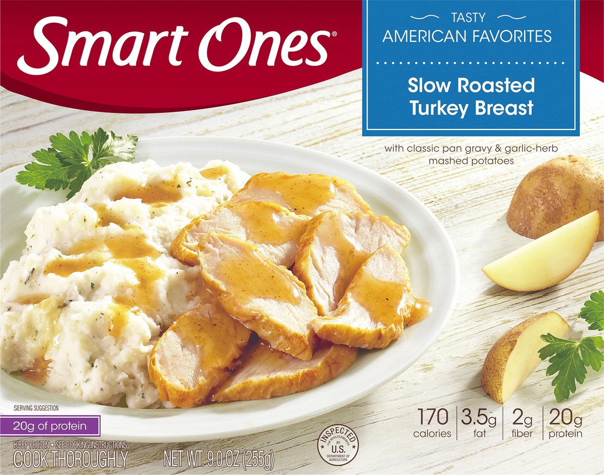 slide 3 of 9, Smart Ones Slow Roasted Turkey Breast with Gravy & Garlic-Herb Mashed Potatoes Frozen Meal, 9 oz box, 9 oz