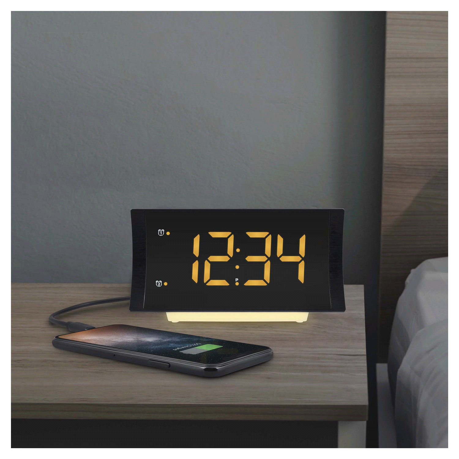 slide 5 of 5, LA CROSSE Curved Amber Led Alarm Clock Radio, 1 ct