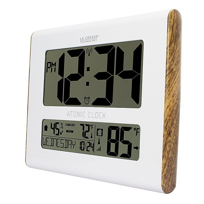 slide 3 of 5, La Crosse Technology Wood Accent Atomic Digital Wall Clock with In/Outdoor Temperature - White, 1 ct