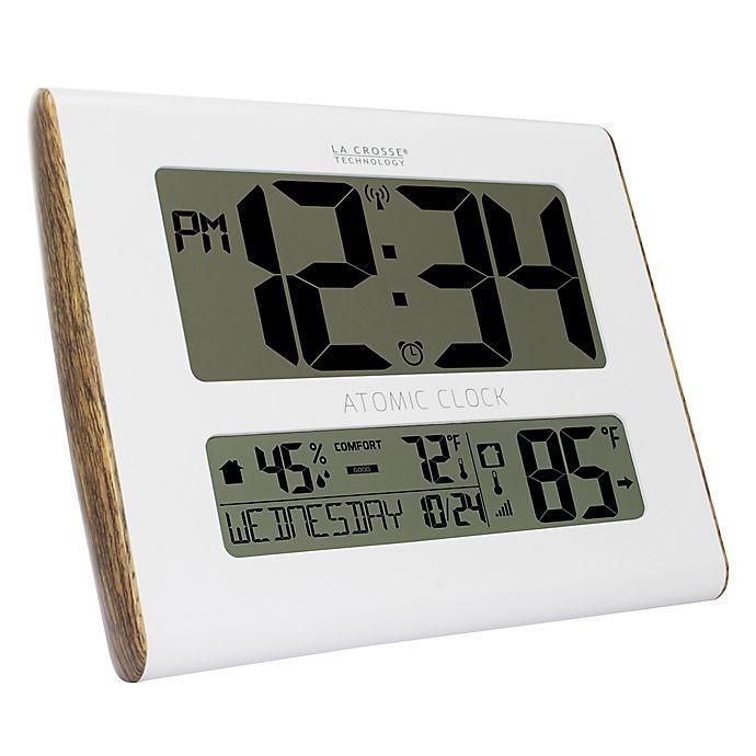slide 5 of 5, La Crosse Technology Wood Accent Atomic Digital Wall Clock with In/Outdoor Temperature - White, 1 ct