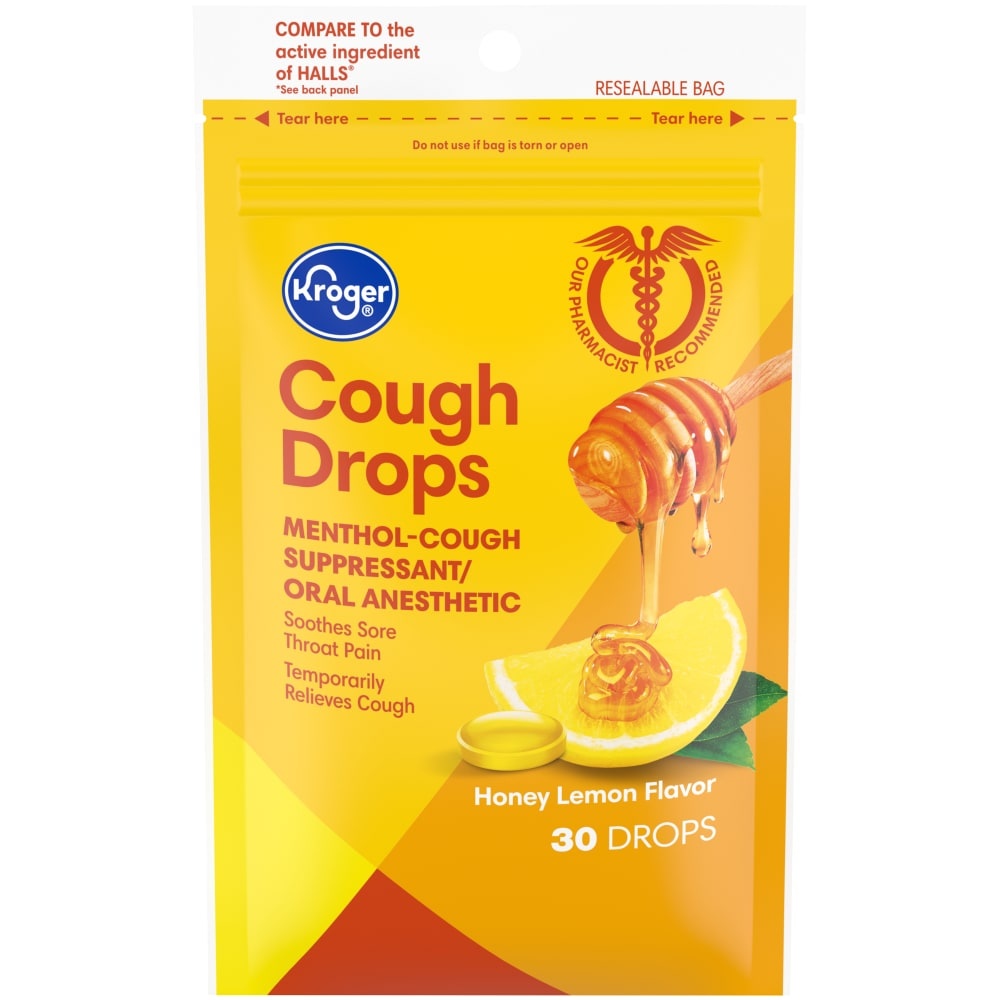 slide 1 of 1, Kroger Honey Lemon Flavor Cough Drops, 30 ct