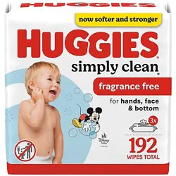 Huggies Simply Clean Fragrance Free Baby Wipes 3 Flip-Top Packs - 192 Count