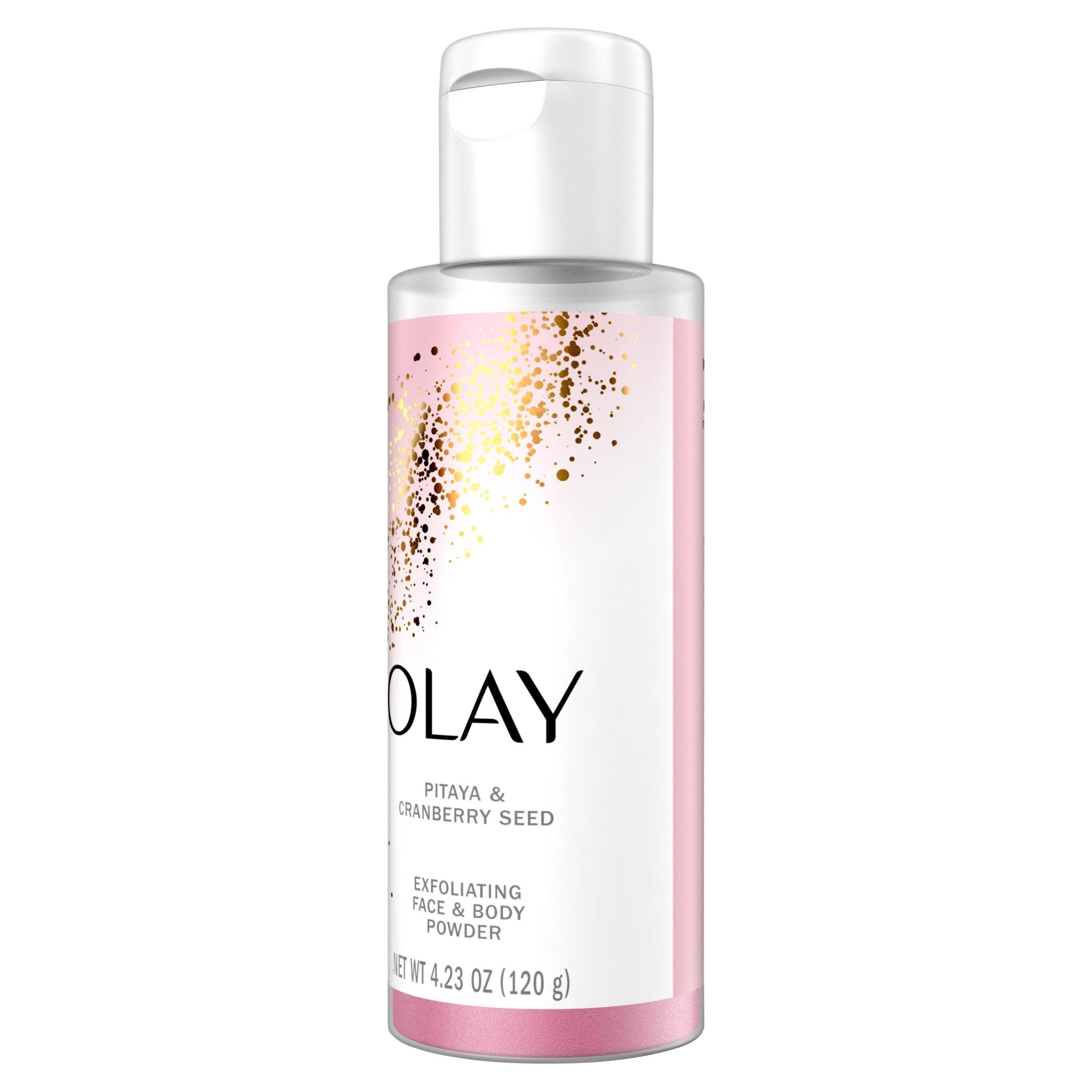 slide 1 of 2, Olay Exfoliating Face & Body Powder Pitaya & Cranberry Seed, 4.23 oz