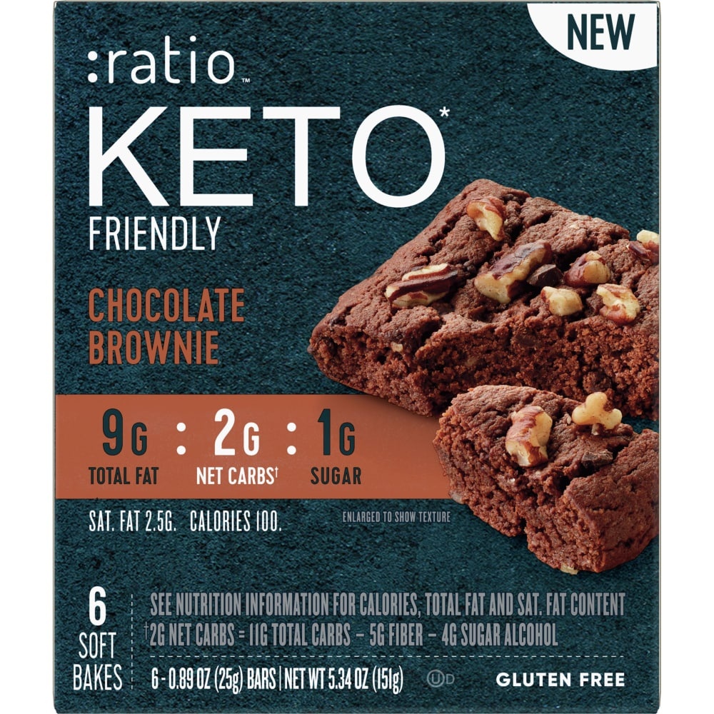 slide 1 of 1, :Ratio Keto Friendly Chocolate Brownie Soft Bake Bars, 6 ct; 0.89 oz