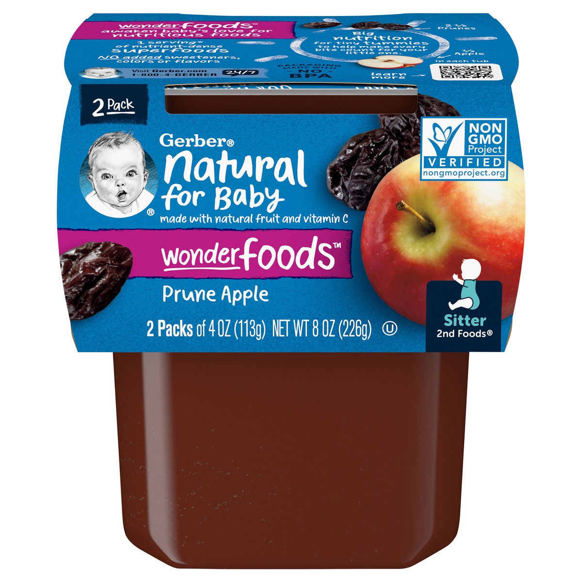 slide 1 of 5, Gerber Stage 2 Baby Food, Prune Apple Puree, 4 oz Tubs (2 Pack), 8 oz