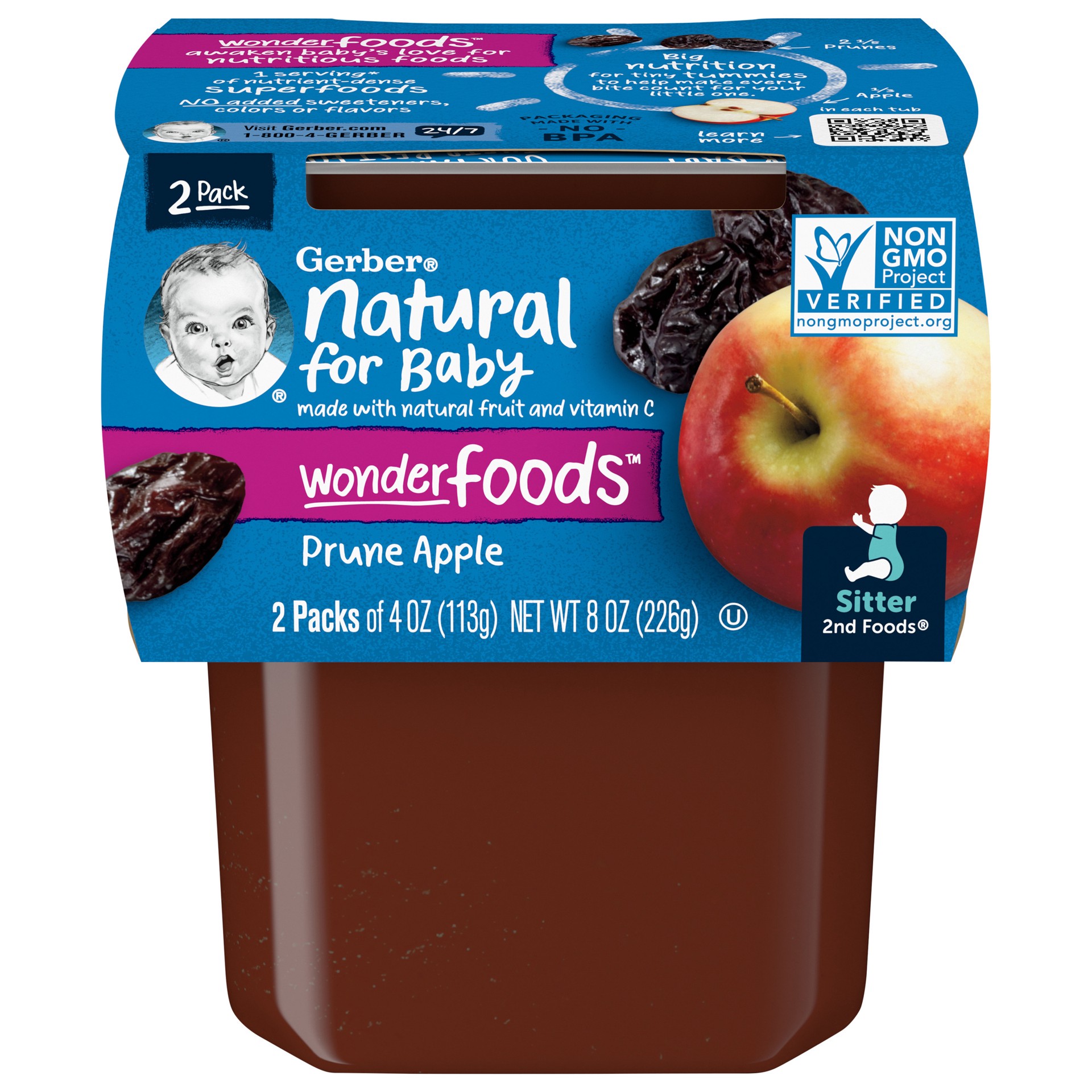 slide 1 of 5, Gerber 2nd Foods Natural for Baby WonderFoods Baby Food, Prune Apple, 4 oz Tubs (2 Pack), 8 oz