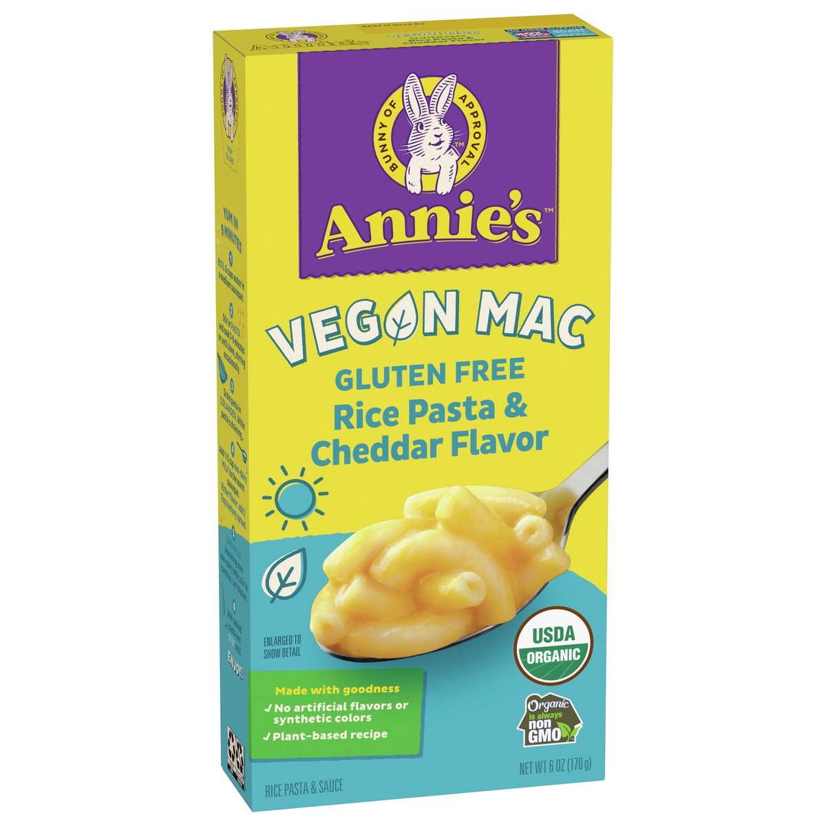 slide 6 of 8, Annie's Annie’s Vegan Mac Rice Pasta and Cheddar Flavor Dinner with Organic Gluten Free Pasta, 6 OZ, 6 oz