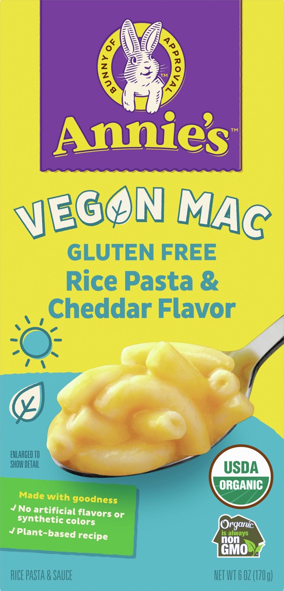slide 7 of 8, Annie's Annie’s Vegan Mac Rice Pasta and Cheddar Flavor Dinner with Organic Gluten Free Pasta, 6 OZ, 6 oz