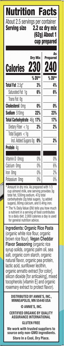 slide 3 of 8, Annie's Annie’s Vegan Mac Rice Pasta and Cheddar Flavor Dinner with Organic Gluten Free Pasta, 6 OZ, 6 oz