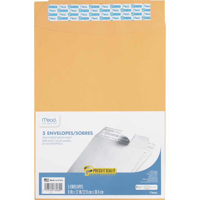 slide 1 of 1, Mead Envelopes Kraft Heavy Weight Press It/Seal It 9X12'' Tan, 5 ct