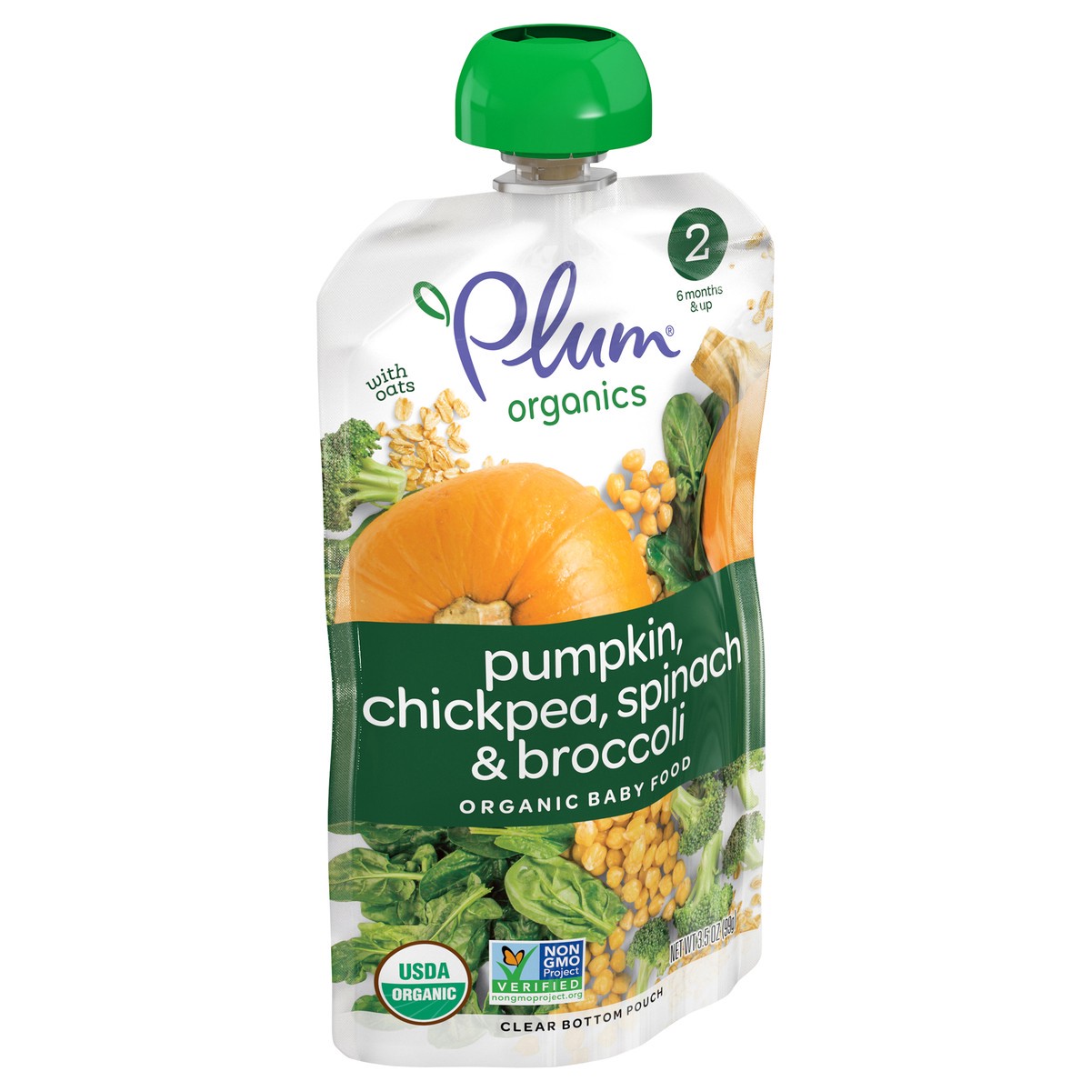 slide 2 of 7, Plum Organics Stage 2 Organic Baby Food - Pumpkin, Chickpea, Spinach & Broccoli with Oats - 3.5 oz Pouch, 3.5 oz