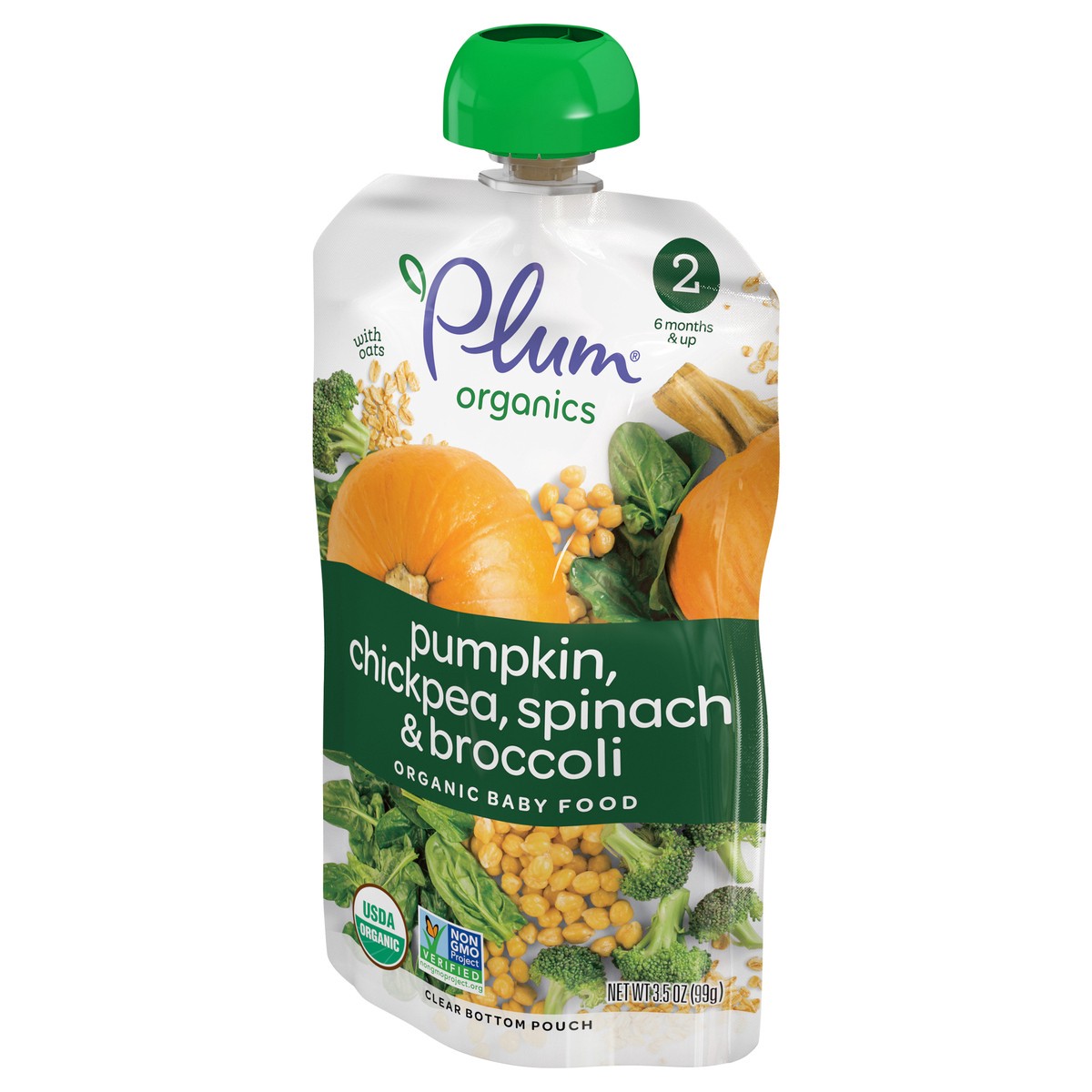 slide 3 of 7, Plum Organics Stage 2 Organic Baby Food - Pumpkin, Chickpea, Spinach & Broccoli with Oats - 3.5 oz Pouch, 3.5 oz