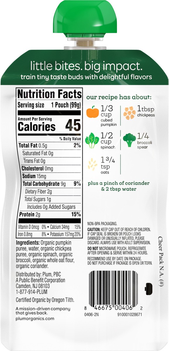 slide 4 of 7, Plum Organics Stage 2 Organic Baby Food - Pumpkin, Chickpea, Spinach & Broccoli with Oats - 3.5 oz Pouch, 3.5 oz