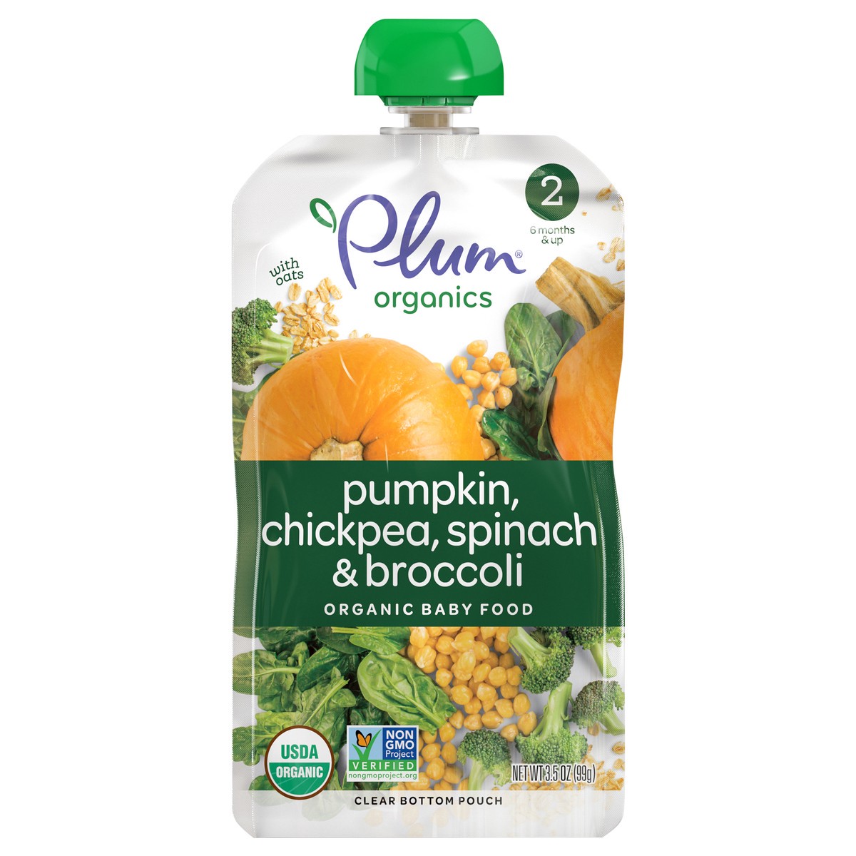 slide 1 of 7, Plum Organics Stage 2 Organic Baby Food - Pumpkin, Chickpea, Spinach & Broccoli with Oats - 3.5 oz Pouch, 3.5 oz