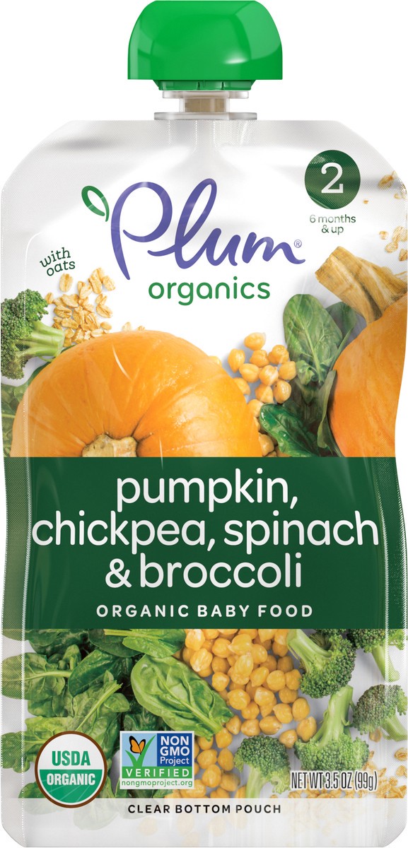 slide 5 of 7, Plum Organics Stage 2 Organic Baby Food - Pumpkin, Chickpea, Spinach & Broccoli with Oats - 3.5 oz Pouch, 3.5 oz